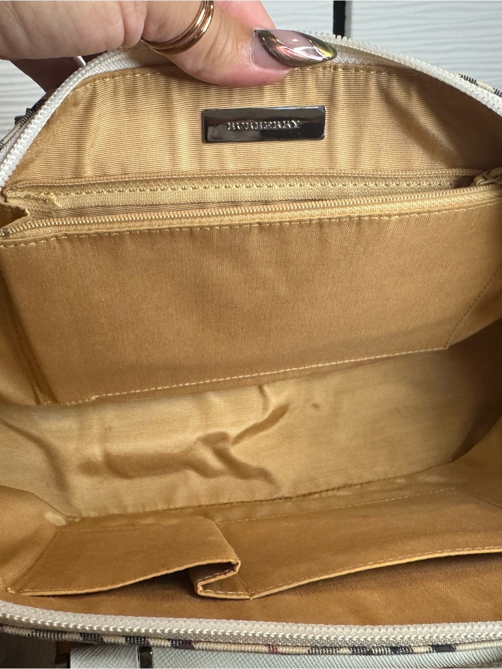 Beige Check Satchel with Cream Leather Trim - Picture 8 of 16